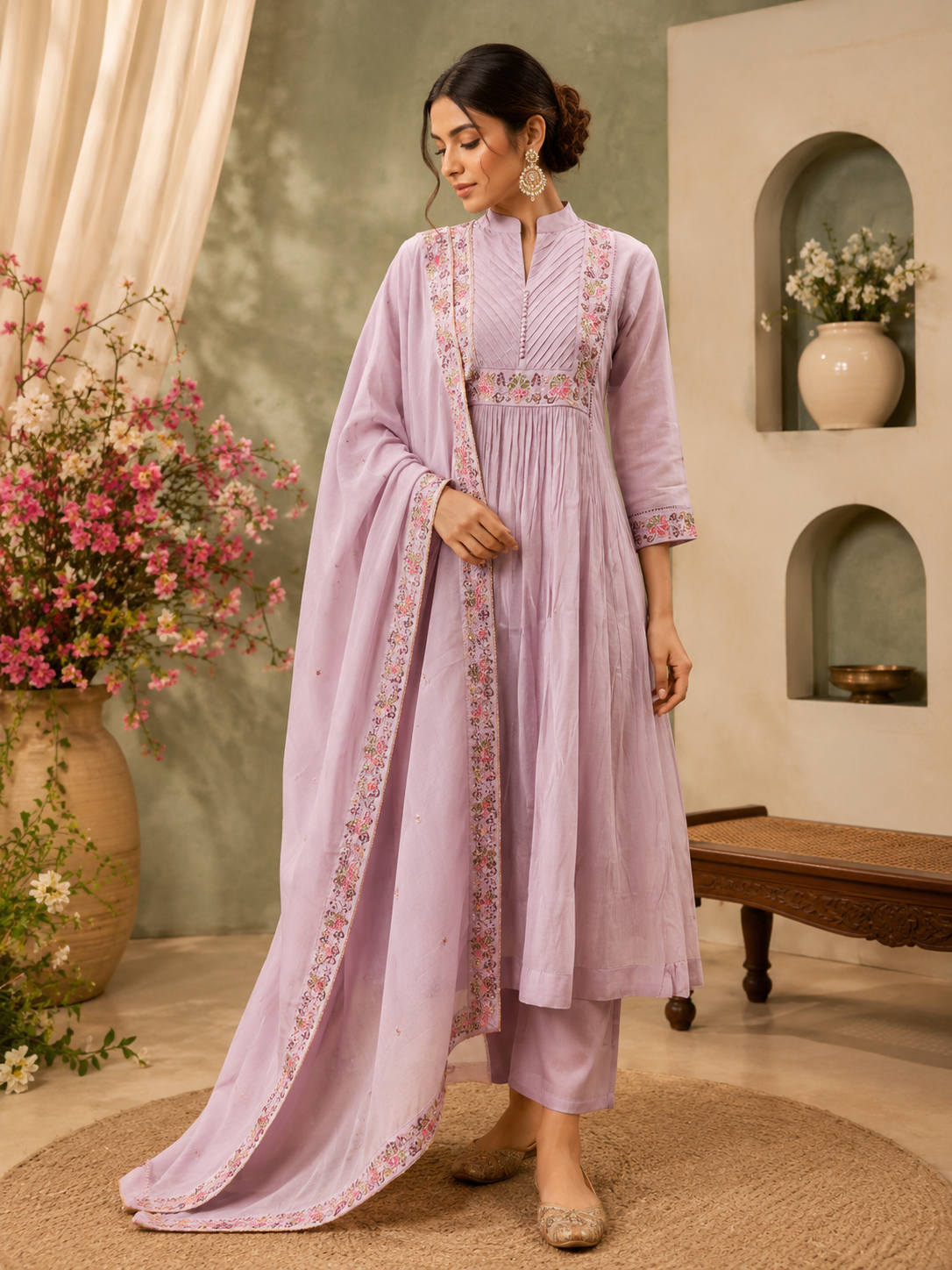 Lavender Mul Chanderi Embroidered Anarkali Suit Set with Dupatta